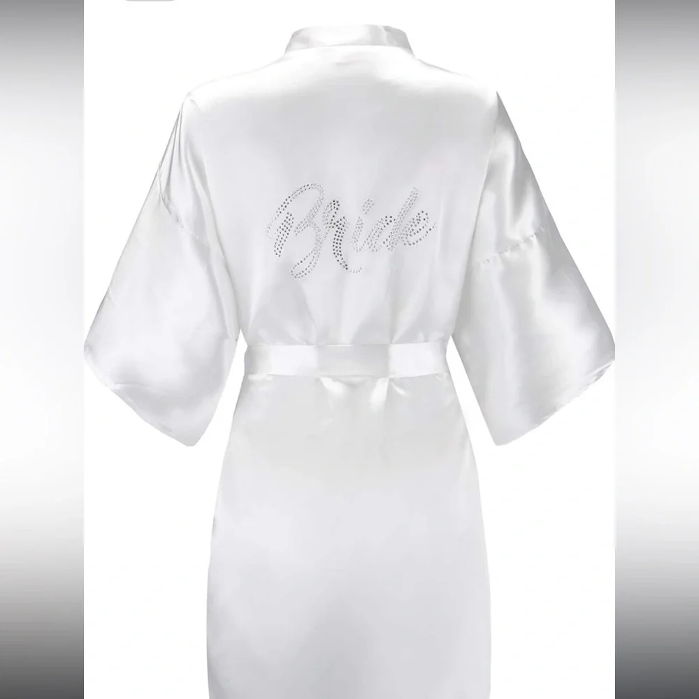 Women's One Size Silver Rhinestones Bride Short Satin Robes for Getting Ready - Picture 2 of 4